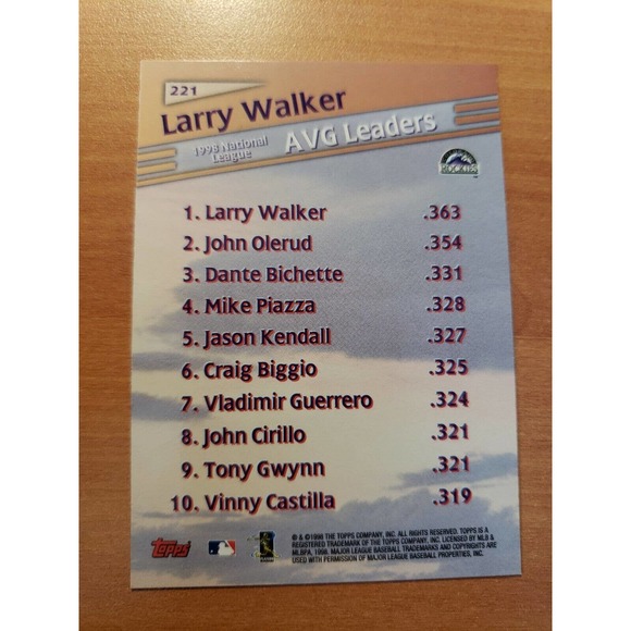 1999 Topps #221 Larry Walker - League Leaders AVG - Colorado Rockies - MLB - Picture 2 of 2